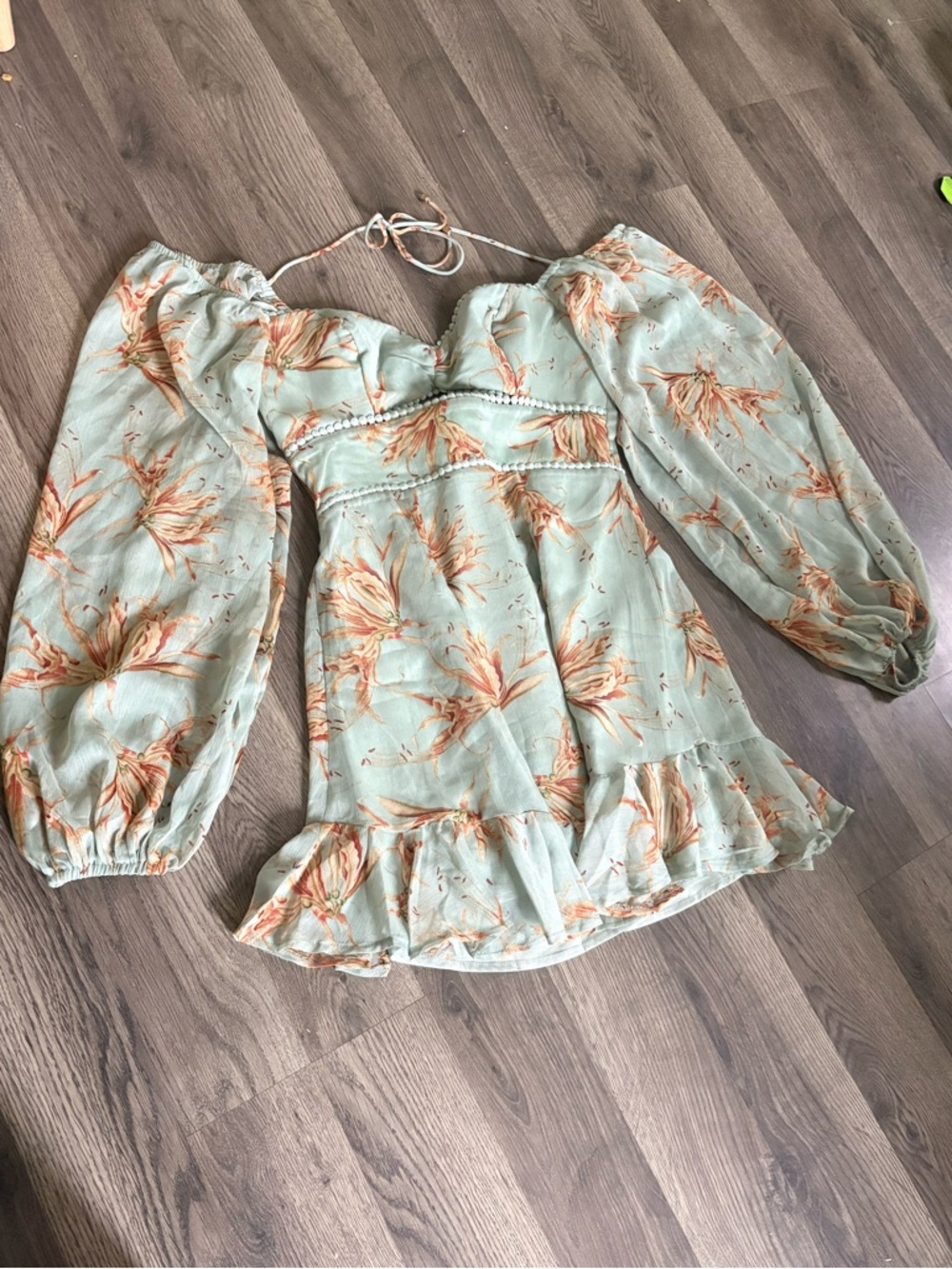 Sage Green Floral Long-Sleeve Peasant Dress